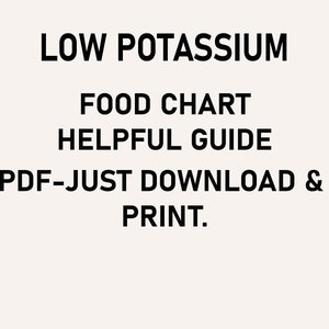 Pode incluir: Um gr&aacute;fico creme com texto preto que diz "LOW POTASSIUM FOOD CHART HELPFUL GUIDE PDF-JUST DOWNLOAD & PRINT."