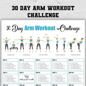 Op de afbeelding: Een witte, afdrukbare workout-kaart met de titel "30 Day Arm Workout Challenge". De kaart bevat illustraties van armoefeningen, waaronder upright rows, lateral raises en triceps extensions. De oefeningen van elke dag staan vermeld.
