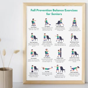 May include: A framed print titled "Fall Prevention Balance Exercises for Seniors." The poster features illustrations of various exercises, including heel raises, toe raises, and side steps. The exercises are designed to improve balance.