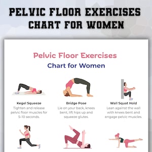 May include: A chart titled "Pelvic Floor Exercises for Women" with illustrations of exercises. The exercises include Kegel Squeeze, Bridge Pose, and Wall Squat Hold. Each exercise is accompanied by a brief description.