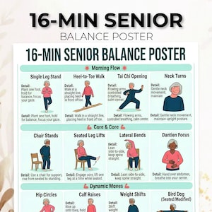 Puede incluir: Un póster 16-Min Senior Balance Poster con ilustraciones instructivas para ejercicios que incluyen Single Leg Stand, Heel-to-Toe Walk, Tai Chi Opening, Neck Turns, Chair Stands, Seated Leg Lifts, Lateral Bends, Dantien Focus, Hip Circles y Calf Raises.
