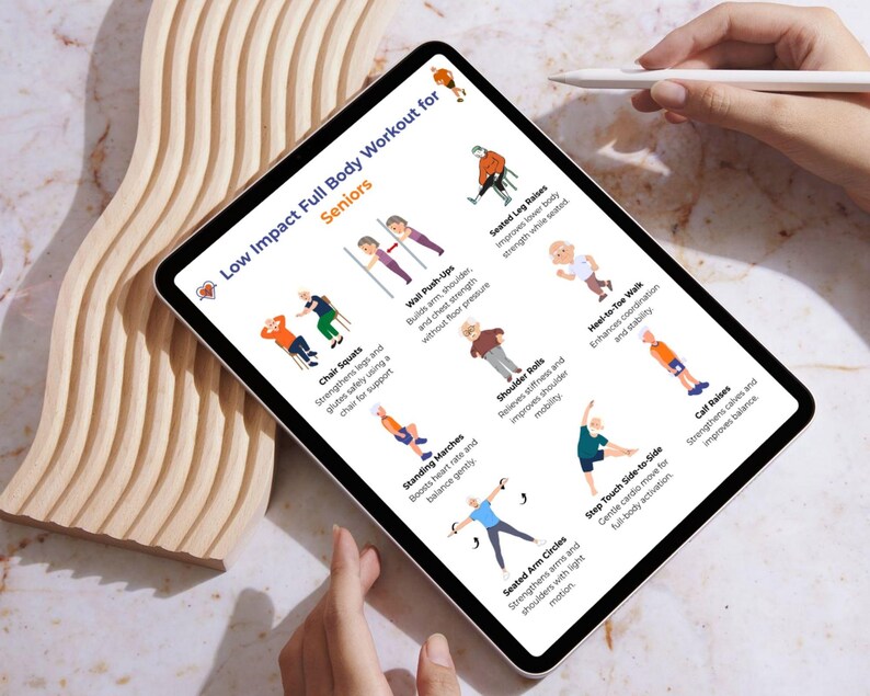 May include: A tablet displays a workout routine for seniors, titled "Low Impact Full Body Workout for Seniors." The screen shows illustrated exercises like chair squats, wall push-ups, and seated leg raises. A hand holds a stylus near the screen.