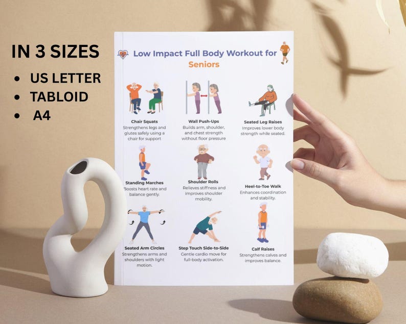 May include: A white poster titled "Low Impact Full Body Workout for Seniors" with exercise illustrations. The poster is held by a hand, and lists the sizes: US Letter, Tabloid, and A4. A white ceramic vase and a stone are in the foreground.