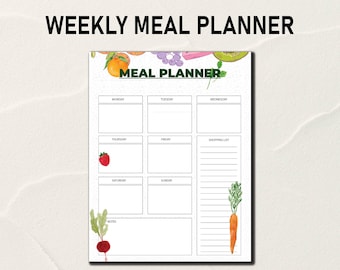 May include: A printable weekly meal planner with a colorful fruit and vegetable design. The planner includes sections for Monday through Sunday, a shopping list, and notes.