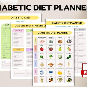 Puede incluir: Conjunto de planificadores de dieta para diabéticos imprimibles con el título "DIABETIC DIET PLANNER". Los planificadores incluyen listas de alimentos, listas de compras y un plan de comidas equilibrado de 7 días. El icono PDF está en la esquina inferior derecha.