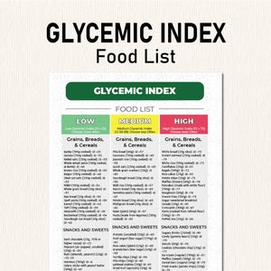 Lista de índice glucémico para diabéticos, Lista de alimentos con índice glucémico de un vistazo, Descarga imprimible Educación del paciente, Hoja de referencia sobre el índice glucémico Alimentos