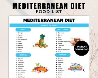 Tableau des aliments du régime méditerranéen, liste de courses méditerranéennes, liste des aliments du régime méditerranéen, plan de repas méditerranéen, guide du régime méditerranéen