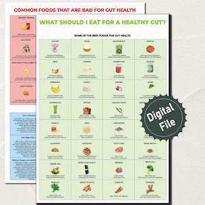 Nutrition for Gut Health Reference Chart, INSTANT DOWNLOAD 2-page PDF, Probiotic and Prebiotic Food Choices, Information Guide, Food Chart