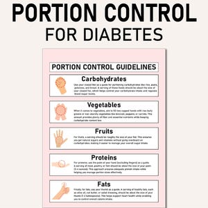 Puede incluir: Un gráfico rosa y blanco con el título "Control de porciones para la diabetes" y una lista de pautas de control de porciones para carbohidratos, verduras, frutas, proteínas y grasas. Cada pauta incluye un gesto de mano para ilustrar el tamaño de porción adecuado.