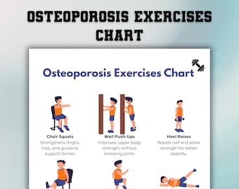 Osteoporosis Exercises Chart, Seated and Standing Exercises for Seniors and Older Adults, Gentle Low Impact Daily Routine Printable Chart
