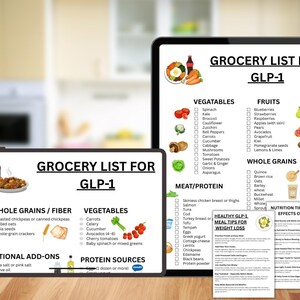 May include: A digital tablet and a smaller display show a grocery list for GLP-1, with sections for vegetables, fruits, whole grains, and protein sources. The list includes items like spinach, apples, and quinoa. Additional sheets provide meal tips and nutrition advice.