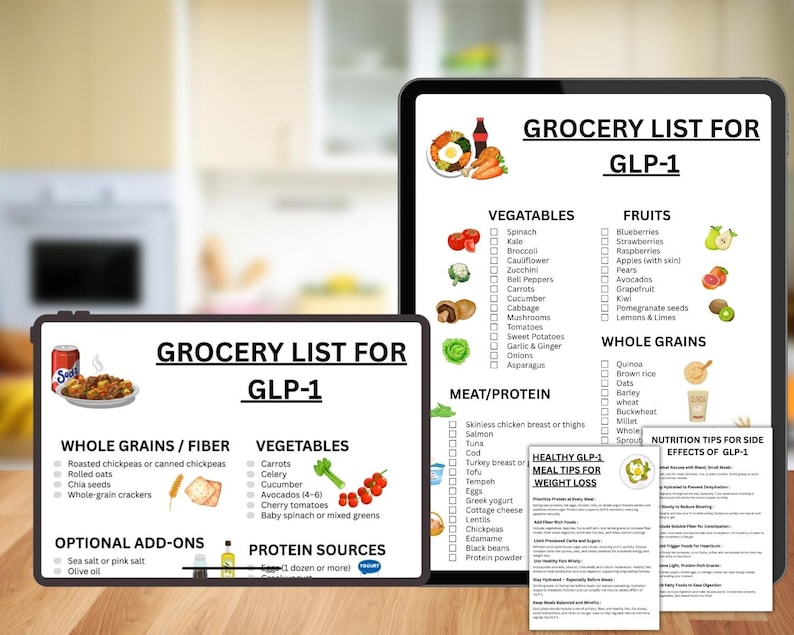 May include: A digital tablet and a smaller display show a grocery list for GLP-1, with sections for vegetables, fruits, whole grains, and protein sources. The list includes items like spinach, apples, and quinoa. Additional sheets provide meal tips and nutrition advice.