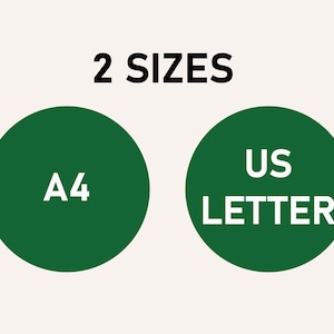 May include: Two green circles with white text. The left circle says "A4" and the right circle says "US LETTER". The text above the circles says "2 SIZES".