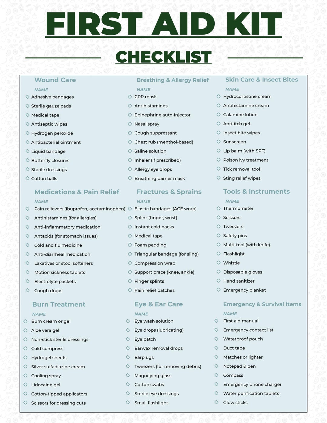 First Aid Checklist Medical Checklist First Aid Kit Printable Survival ...