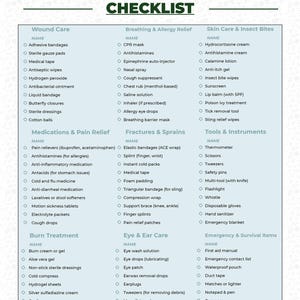 Puede incluir: Una lista de verificación para un botiquín de primeros auxilios con secciones para el cuidado de heridas, medicamentos y alivio del dolor, tratamiento de quemaduras, alivio de la respiración y alergias, fracturas y esguinces, cuidado de ojos y oídos, cuidado de la piel y picaduras de insectos, herramientas e instrumentos, y artículos de emergencia y supervivencia.