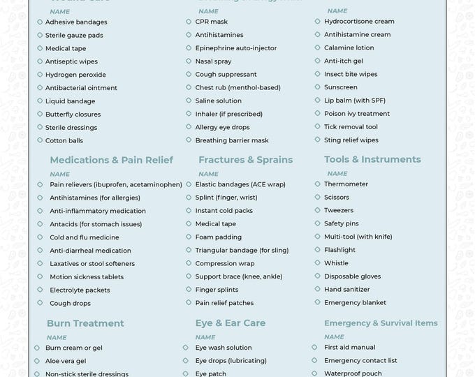 First Aid Kit Checklist Printable, Medicine Checklist, Emergency ...