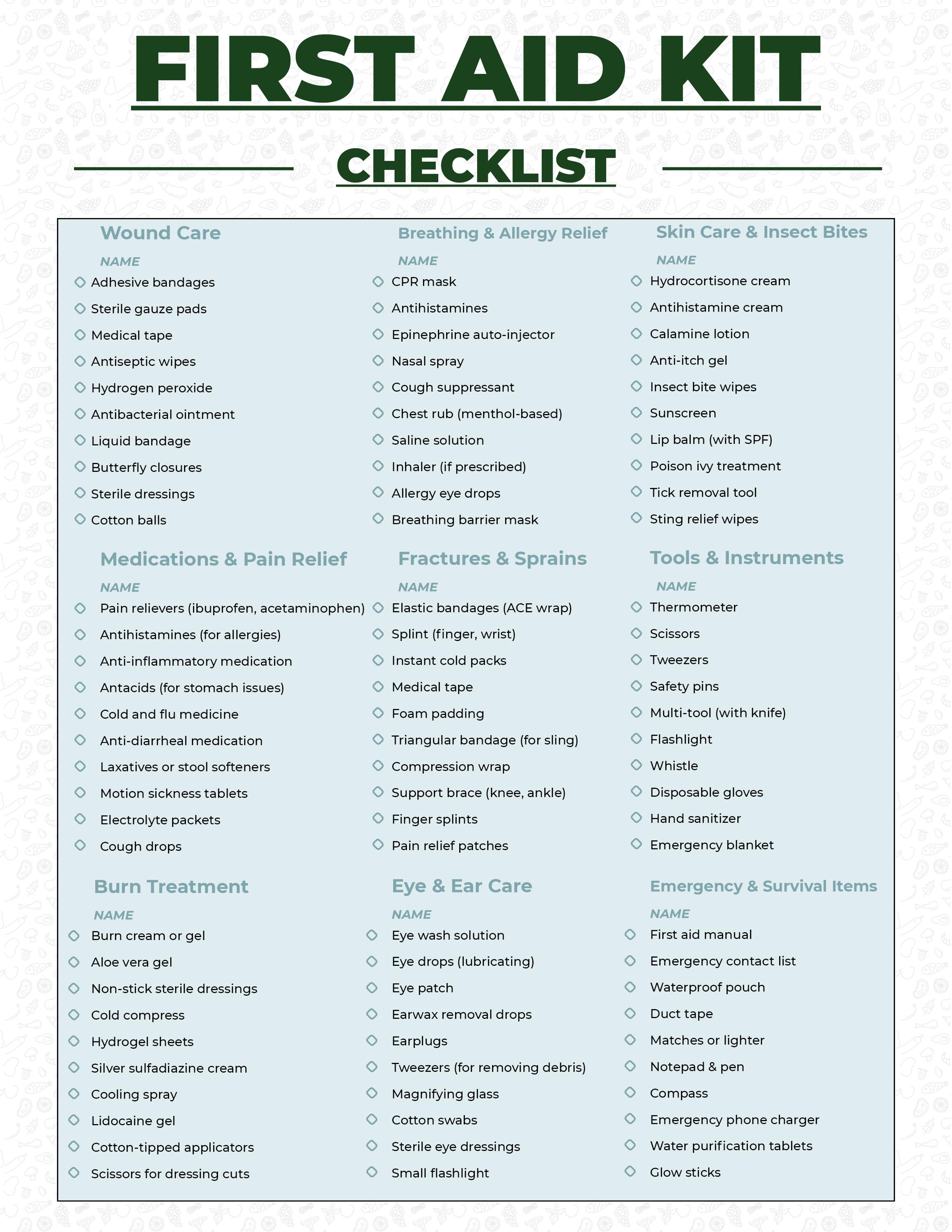 First Aid Checklist Medical Checklist First Aid Kit Printable Survival First Aid Checklist Medical Checklist First Aid Kit Printable Survival