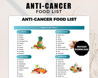 Può includere: Un download digitale intitolato "Elenco alimenti anti-cancro" con un elenco di frutta, verdura, cereali integrali e bevande. L'immagine include illustrazioni di frutta, verdura e cereali. Il testo include anche le parole "Download istantaneo".
