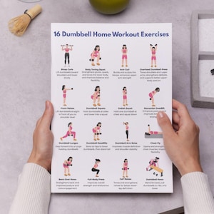 Peut inclure: Une personne tient une affiche blanche intitul&eacute;e "16 Exercices d'entra&icirc;nement &agrave; domicile avec halt&egrave;res". L'affiche pr&eacute;sente des illustrations d'exercices avec halt&egrave;res, comme des flexions des biceps et des squats. Les exercices sont illustr&eacute;s par des personnages en rose.