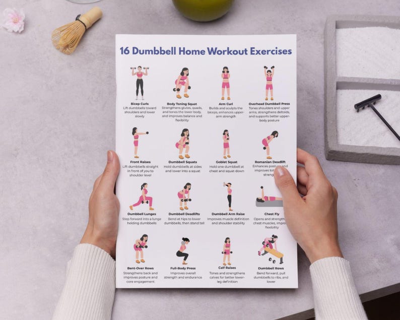 Peut inclure: Une personne tient une affiche blanche intitul&eacute;e "16 Exercices d'entra&icirc;nement &agrave; domicile avec halt&egrave;res". L'affiche pr&eacute;sente des illustrations d'exercices avec halt&egrave;res, comme des flexions des biceps et des squats. Les exercices sont illustr&eacute;s par des personnages en rose.