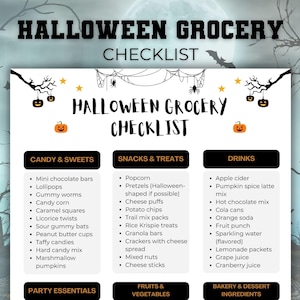 Könnte beinhalten: Eine Halloween-Einkaufsliste vor einem nebligen Hintergrund. Die Liste ist in Kategorien für Süßigkeiten, Snacks und Getränke unterteilt. Der Text ist schwarz-weiß mit orangefarbenen Kürbisillustrationen.