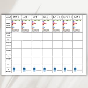 May include: A white weekly planner with a grid layout for meal planning and water intake tracking. The planner includes sections for breakfast, lunch, snacks, and dinner, with a water intake tracker at the bottom. The text "phase 1 belle vitale" is at the top.