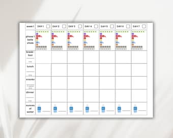 May include: A white weekly planner with a grid layout for meal planning and water intake tracking. The planner includes sections for breakfast, lunch, snacks, and dinner, with a water intake tracker at the bottom. The text "phase 1 belle vitale" is at the top.
