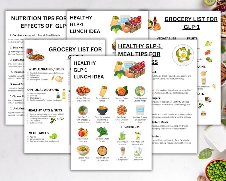May include: A collection of printed recipe and nutrition guides. The guides feature titles like "Healthy GLP-1 Lunch Idea" and "Grocery List for GLP-1." The guides include images of various food items and meal suggestions.