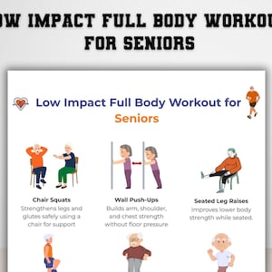 May include: An illustrated guide titled "Low Impact Full Body Workout for Seniors." The guide features exercises like chair squats, wall push-ups, and seated leg raises, with accompanying illustrations of seniors performing the exercises.