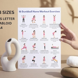 Peut inclure: Une affiche blanche avec le titre "16 Exercices de musculation &agrave; domicile avec halt&egrave;res" et des illustrations d'exercices. L'affiche est tenue par une main. Un vase blanc et deux pierres sont au premier plan. Disponible en formats US Letter, Tablo&iuml;d et A4.
