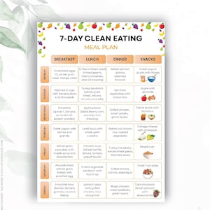 May include: A 7-day clean eating meal plan chart featuring a grid layout with columns for breakfast, lunch, dinner, and snacks. The document includes daily meal suggestions from Monday to Sunday, decorated with small colorful fruit and vegetable icons.