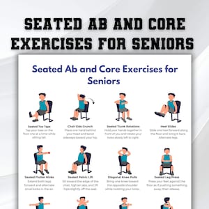 Puede incluir: Un infográfico blanco titulado "Ejercicios de abdominales y core sentados para personas mayores" con ilustraciones de ejercicios como toques de dedos, abdominales laterales y rotaciones de tronco. El texto está en negrita negra.