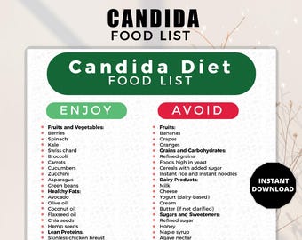 May include: A Candida Diet food list with "Enjoy" and "Avoid" sections. The "Enjoy" section lists fruits, vegetables, healthy fats, and lean proteins. The "Avoid" section lists fruits, grains, dairy products, and sugars. The words "Instant Download" are also visible.