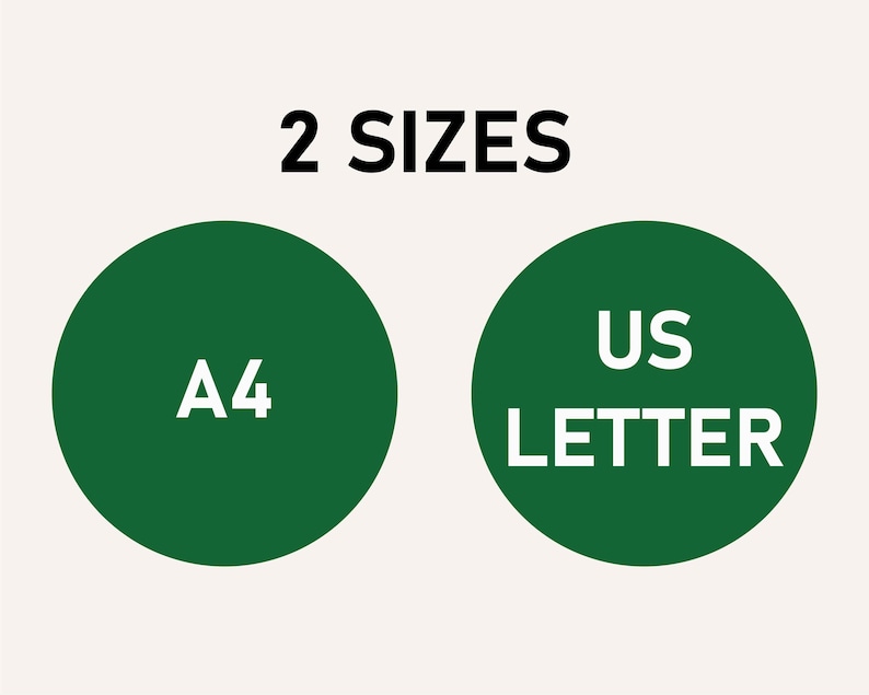 May include: Two green circles with white text. The left circle says "A4" and the right circle says "US LETTER". The text above the circles says "2 SIZES".