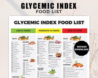 May include: A digital Glycemic Index food list, categorising foods by their GI levels. The list includes fruits, proteins, grains, snacks, pasta, legumes, and vegetables. The words "Instant Download" are in a black circle.