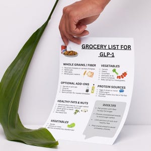 May include: A grocery list for GLP-1, featuring sections for whole grains, vegetables, protein sources, and healthy fats. The list includes items like oats, carrots, eggs, and almonds. The text also includes quick tips for healthy eating.