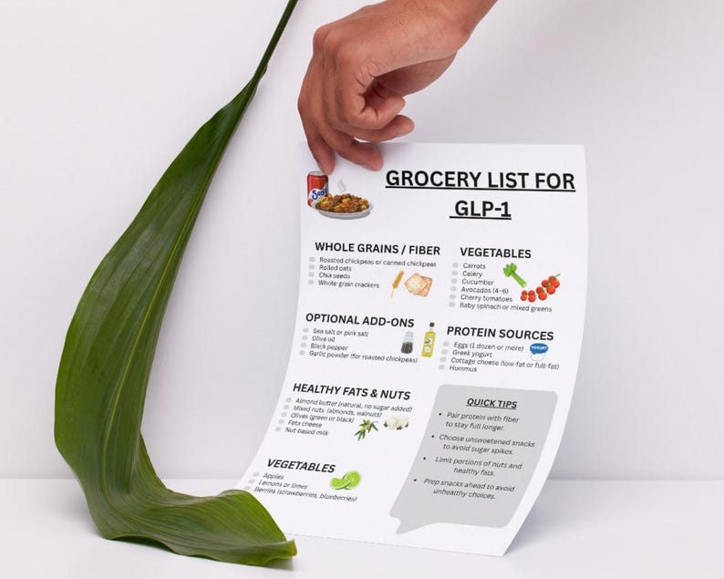 May include: A grocery list for GLP-1, featuring sections for whole grains, vegetables, protein sources, and healthy fats. The list includes items like oats, carrots, eggs, and almonds. The text also includes quick tips for healthy eating.