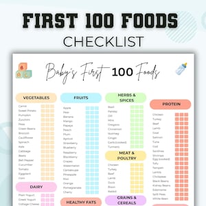 May include: A colorful checklist titled "First 100 Foods" for babies, featuring categories like vegetables, fruits, herbs, protein, and grains. The list includes items like carrots, apples, chicken, and rice. The design is playful with a baby bottle icon.