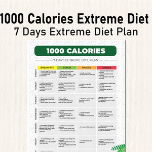 1000 calorieën extreem dieetplan, 7-daagse gezonde recepten maaltijdplan afdrukbaar, calorieëntabel, calorieënteller, voedingsdagboek, calorietracker