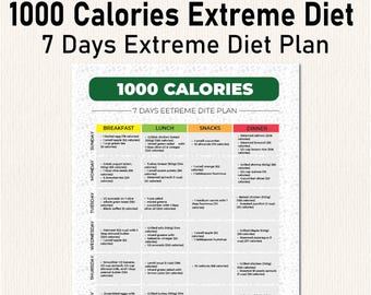 1000 Calories Extreme Diet Plan, 7-Day Healthy Recipes Meal Plan Printable, Calorie Chart, Calorie Counter, Food Journal, Calorie Tracker