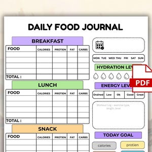 May include: A printable daily food journal with sections for breakfast, lunch, and snack entries. Includes spaces for calories, protein, fat, and carbs. Features a hydration level tracker, energy level assessment, and workout log. The PDF file is available.