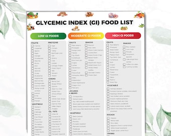 May include: A printed Glycemic Index (GI) food list chart organised into three columns labelled Low GI Foods in green, Moderate GI Foods in yellow, and High GI Foods in red. The chart includes checkboxes next to various food categories like fruits, proteins, grains, oils, fats, legumes, beans, snacks, vegetables, and breads.