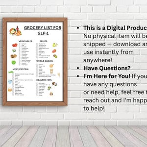 May include: A framed grocery list for GLP-1, featuring sections for vegetables, fruits, whole grains, meat/protein, and healthy fats. The list includes illustrations of various food items. The frame is a light brown color.