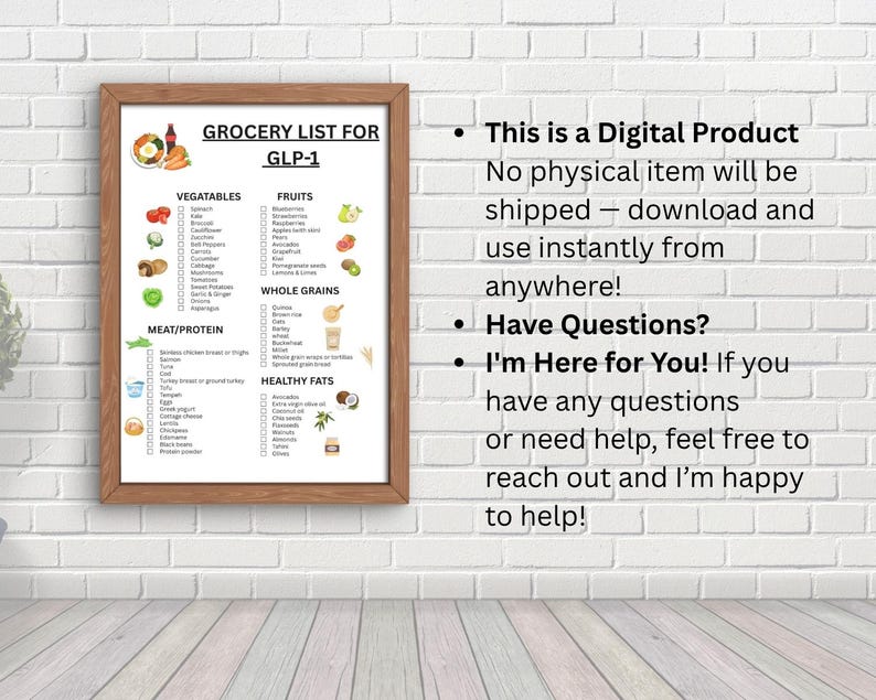 May include: A framed grocery list for GLP-1, featuring sections for vegetables, fruits, whole grains, meat/protein, and healthy fats. The list includes illustrations of various food items. The frame is a light brown color.