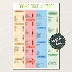 May include: A colorful chart titled "Baby's First 150 Foods" lists common allergens, grains, dairy, seeds, proteins, legumes, herbs and spices, animal proteins, fruits, vegetables, and notes. The chart is divided into sections with different colored backgrounds.