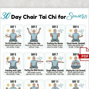 30 Day Chair Tai Chi for Seniors Printable, Seated Tai Chi Routine, Daily Chair Exercise Program for Seniors, Balance and Mobility Exercise