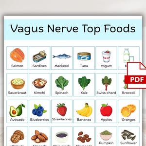 Peut inclure: Infographie colorée intitulée "Vagus Nerve Top Foods" présentant des illustrations d'aliments variés : saumon, sardines, maquereau, thon, yaourt et légumes. Des fruits, des noix et des graines sont également représentés. Une icône PDF est visible.