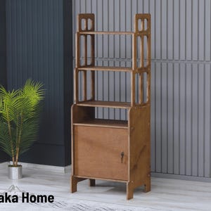 Natural Wood Bookshelf with Cabinet, Mid Century Modern Ladder Bookcase, Handmade Scandinavian Shelving Unit, Home Office Storage