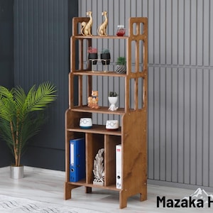 Natural Wood Bookshelf with Cabinet, Mid Century Modern Ladder Bookcase, Handmade Scandinavian Shelving Unit, Home Office Storage