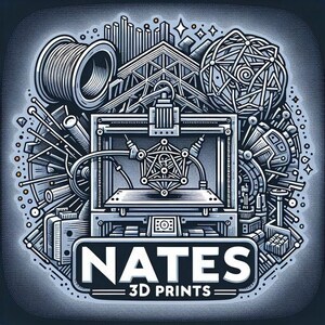 May include: A black and white illustration of a 3D printer with a geometric design inside. The printer is surrounded by various tools and objects related to 3D printing, including spools of filament, gears, and a ruler. The text "NATES 3D PRINTS" is at the bottom of the image.